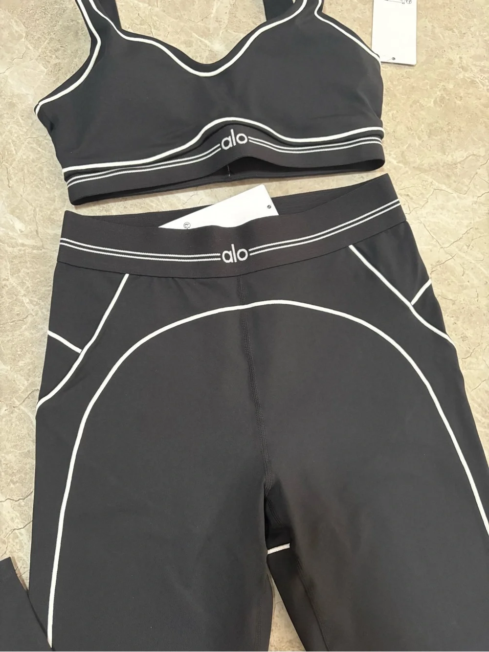 ALO Yoga Black Leggings and Sports Bra Set with White Piping